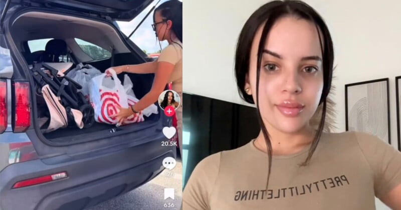  Left side shows a person loading shopping bags into a car trunk. Right side features a young woman in a beige shirt posing indoors.