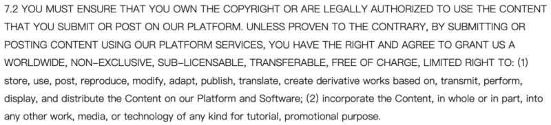 Text image containing legal terms about content usage rights, detailing permissions to store, use, reproduce, modify, adapt, publish, translate, and distribute on a platform, among other uses, under certain conditions.