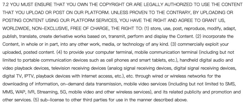 Text from a legal document discussing content ownership and permissions. It outlines rights granted to the platform services, including storage, modification, communication, and sublicensing of uploaded content, provided the user owns the copyright.