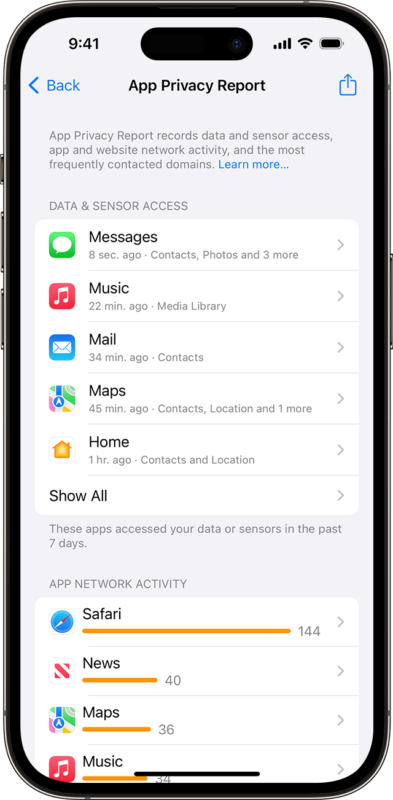 A smartphone screen displays an App Privacy Report with data and sensor access details for apps like Messages, Music, Mail, Maps, and Home. It also shows app network activity statistics for apps like Safari, News, Maps, and Music.