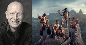 A split image: on the left, a black-and-white portrait of a bald man smiling. On the right, four individuals in traditional attire stand on rocks with dramatic mountainous scenery in the background.