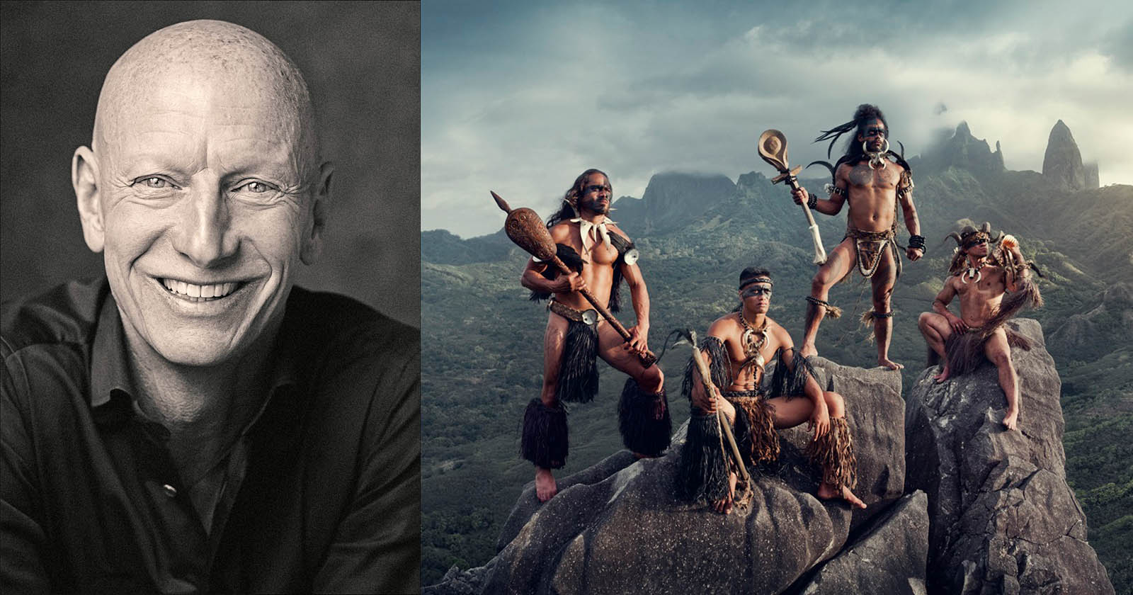 A split image: on the left, a black-and-white portrait of a bald man smiling. On the right, four individuals in traditional attire stand on rocks with dramatic mountainous scenery in the background.