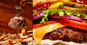 On the left, a hand sprinkles powdered sugar on a cake on a stand, surrounded by glasses and an orange. On the right, a close-up of a burger with lettuce, tomato, onions, pickles, cheese, and sauces.