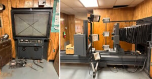 A two-part image shows vintage photographic equipment. The left side features a large industrial machine with dials, while the right side displays a long camera setup with adjustable lights, all set in a room with wood-paneled walls.