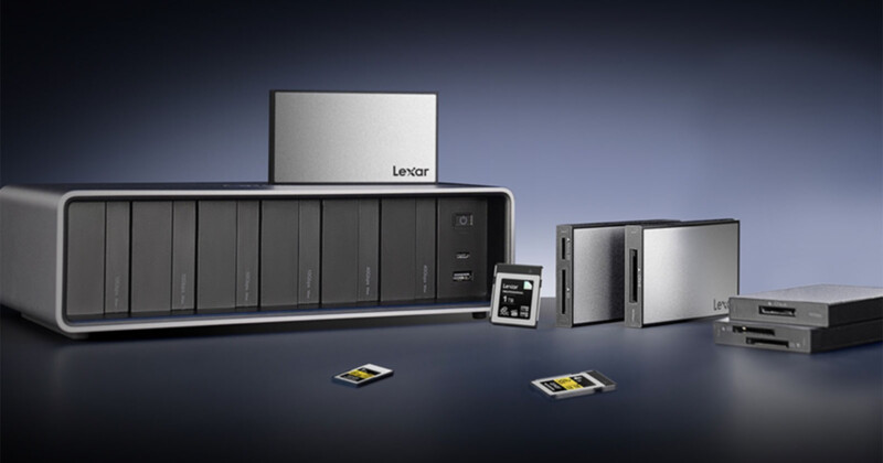 A range of Lexar storage devices is displayed, including a multi-slot memory card reader hub, two compact external SSDs, several memory cards, and a card reader. The devices are silver and black, set against a gradient gray background.