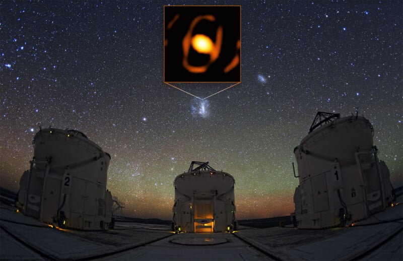 An array of three large telescopes under a starry night sky, with a highlighted inset showing a detailed image of a bright, orange-ringed celestial object in space.