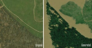 Side-by-side comparison of satellite images showing a landscape. The left image is labeled "Original," depicting a green area with a road. The right image is labeled "Generated," showing a slightly altered terrain with dense vegetation.