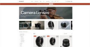 Screenshot of a webpage from Moment featuring camera lenses and accessories. A banner shows a photographer using a camera. Below, there are lens categories like Sony E Mount and Fuji X Series, with images of specific lens products displayed for sale.