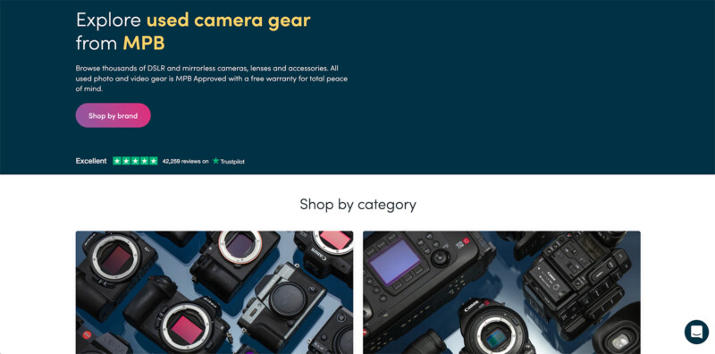 Screenshot of a website showcasing used camera gear from MPB. The top text promotes DSLR and mirrorless cameras. Below, images depict various cameras and equipment. There's a "Shop by brand" button and a "Shop by category" section.