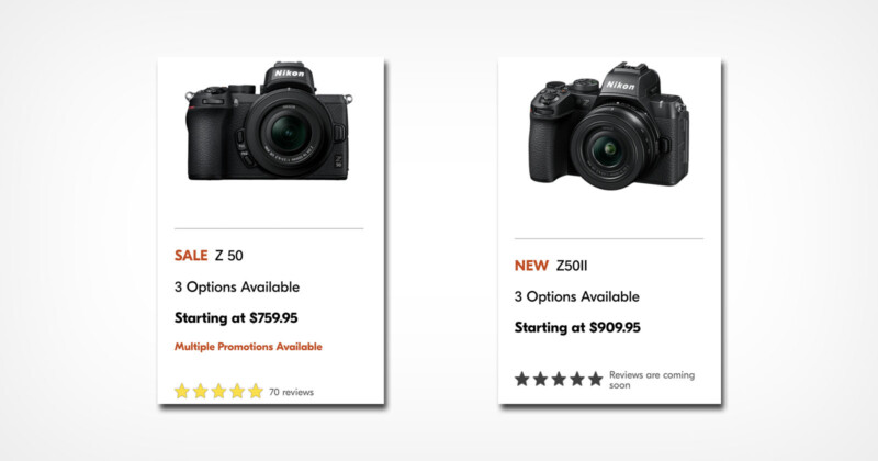 Two camera advertisements side by side. The left ad is for Nikon Z 50 with a sale price starting at $759.95. The right ad is for New Nikon Z50II starting at $909.95. Both offer 3 options. Star ratings and text vary.