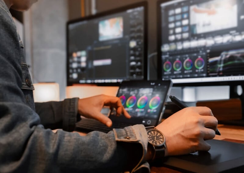 A person wearing a denim jacket uses a stylus to edit color grading on a tablet, surrounded by two computer monitors displaying video editing software.