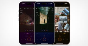 Three smartphone screens display a photography app interface. The screens show images of urban scenes with various settings visible, including a dimly lit street, a person in a tunnel, and people at a cafe. The app's controls and icons are also shown.