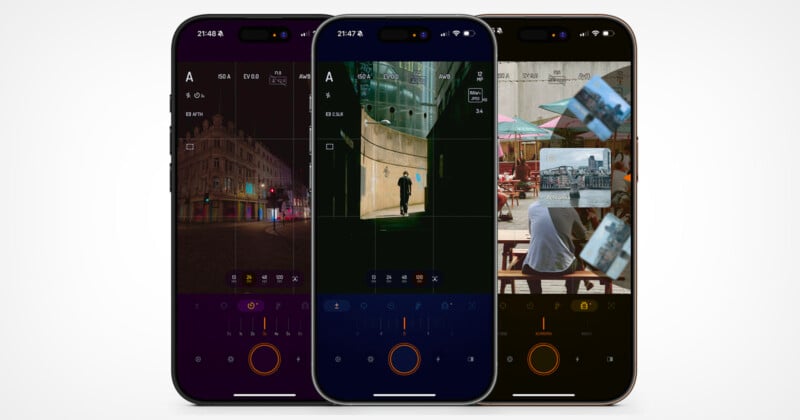 Three smartphone screens display a photography app interface. The screens show images of urban scenes with various settings visible, including a dimly lit street, a person in a tunnel, and people at a cafe. The app's controls and icons are also shown.