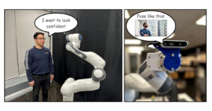 A person stands beside a robotic arm in a lab setting. The robot says, "I want to look confident." In the next panel, a close-up of the robot shows it viewing an image of a person posing confidently, saying, "Pose like this!.