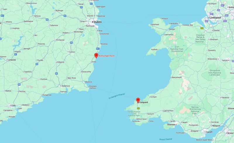 Map showing eastern Ireland and western England. Key locations include Dublin, Karnichead Point in Ireland, and Flimguard in Wales. The map highlights geographic features and major cities, with coastlines and the Irish Sea visible.