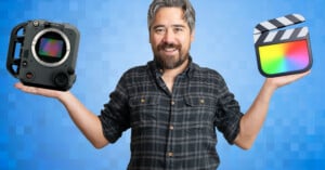 A person with a plaid shirt smiles while holding a large camera lens on one hand and a film editing software icon on the other, against a blue checkered background.