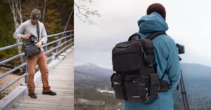 Left image: A person wearing a beanie and brown pants stands on a wooden bridge, placing a camera into a black shoulder bag. Right image: A person in a blue jacket with a black backpack stands in a snowy landscape, photographing mountains.