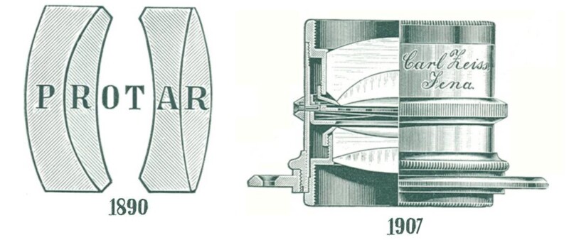 Illustration of Carl Zeiss Protar lenses, with the 1890 model on the left, showing two lens sections, and the 1907 model on the right, featuring a cutaway view revealing internal components.