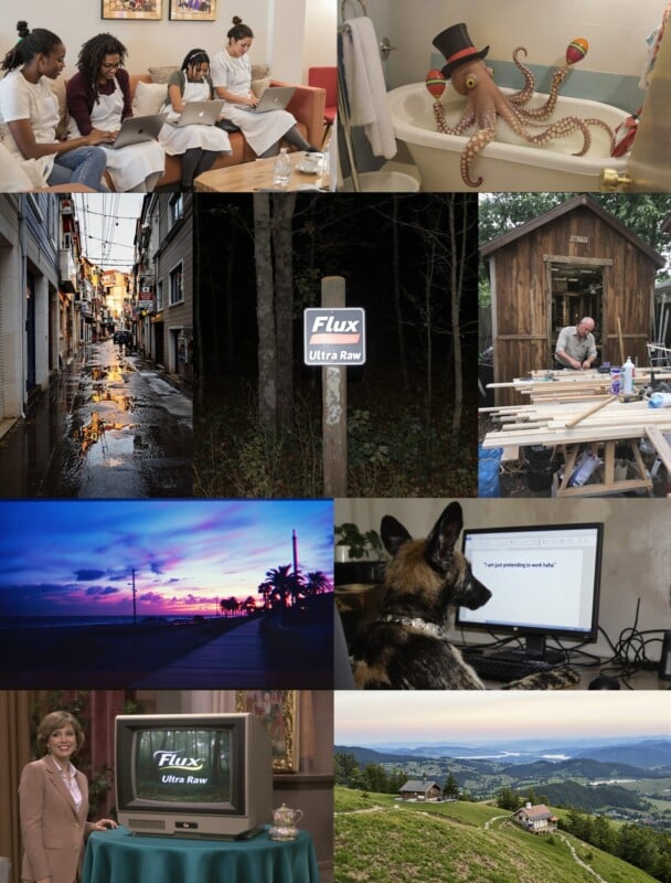  women on a couch, an octopus in a tub, a narrow street, a woodworking scene, a "Flux Ultra Raw" sign, a sunset, a dog at a computer, a retro TV with a flux screen, and a hilly landscape.