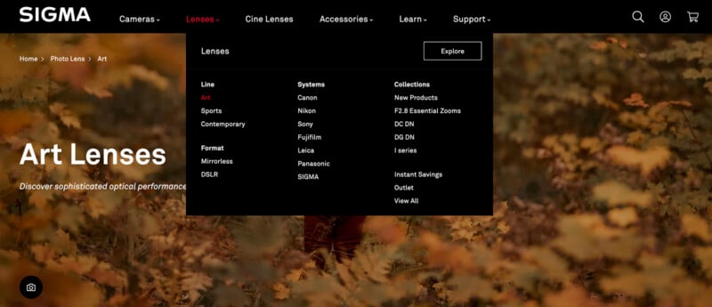 Screenshot of Sigma's website showing a navigation menu. Categories include "Cameras," "Lenses," "Cine Lenses," "Accessories," "Learn," and "Support." The highlighted section lists lens lines and systems. Background features blurred autumn foliage.