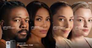 Four individuals with diverse skin tones are photographed with text overlays showing their names and skin tone codes. A smartphone is displayed at the bottom left with "Captured with Universal Tone" written beside it.