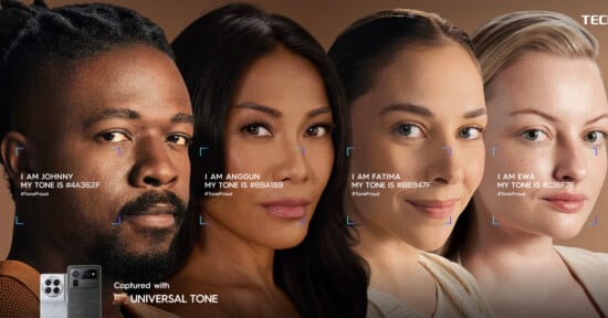 Four individuals with diverse skin tones are photographed with text overlays showing their names and skin tone codes. A smartphone is displayed at the bottom left with "Captured with Universal Tone" written beside it.