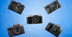 Various digital cameras are displayed against a blue pixelated background. Brands include Fujifilm, Sony, Canon, and Nikon, showcasing different models with distinct designs and lenses.