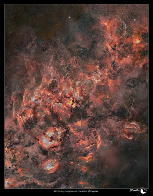 A vibrant image of three large supernova remnants in Cygnus. Swirling red, orange, and pink hues create a fiery, celestial tapestry, set against the dark backdrop of space, dotted with stars.