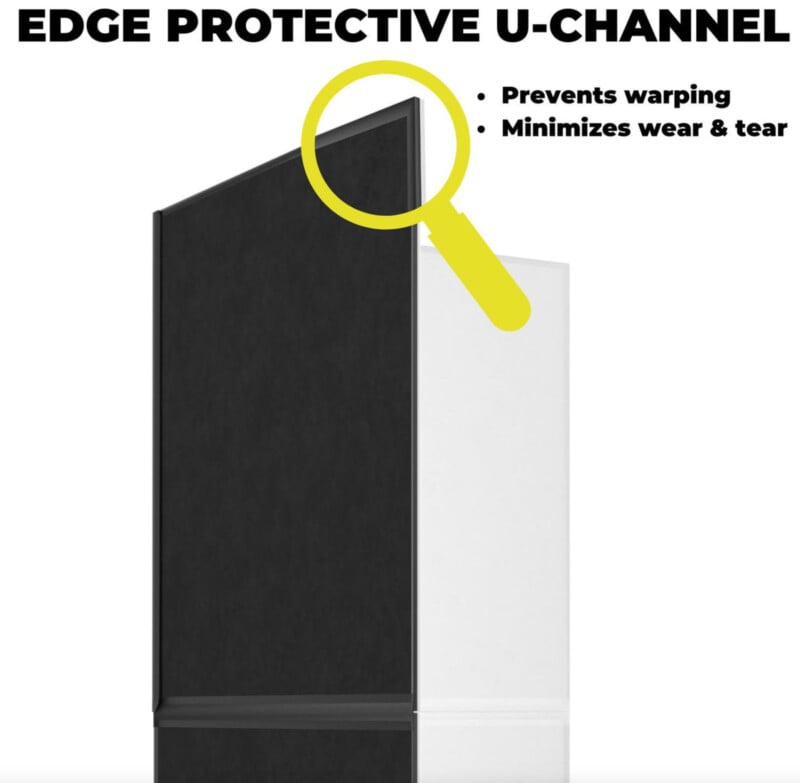 A vertical U-channel edge protector in black, with a magnifying glass highlighting the edge. Text reads "Prevents warping" and "Minimizes wear & tear" above the image on a white background.