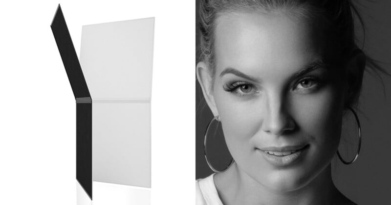 A black-and-white split image shows a minimalist, open, black and white book on the left and a close-up of a young woman with hoop earrings smiling on the right.