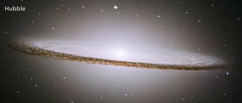 A stunning image of the Sombrero Galaxy, also known as M104, captured by the Hubble Space Telescope. The galaxy features a bright white core surrounded by a thick dust lane and a halo of stars, set against a backdrop of distant stars.