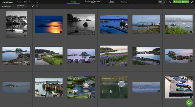 Screenshot of a photo management software displaying a grid of landscape and waterfront images. Various scenes include sunsets, boats, docks, and serene nature views. The interface shows options for uploading and ordering prints.