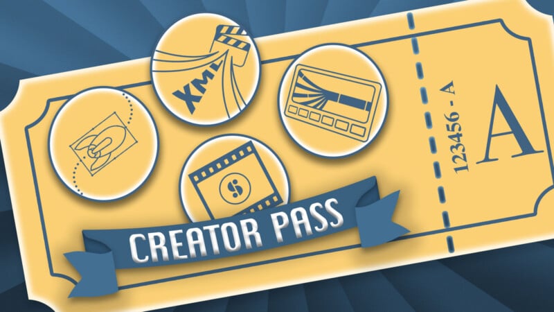 Illustration of a yellow ticket labeled "Creator Pass" with symbols for editing: a pencil and paper, XML code, a film strip with a dollar sign, and a video editing timeline. The ticket has a perforated edge and a number.