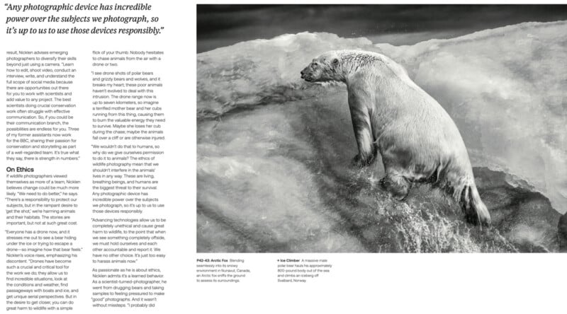 A polar bear climbs a snowy slope in a black and white photograph. Text on the side discusses the ethical use of photographic devices and features quotes about the power and responsibility of capturing images.