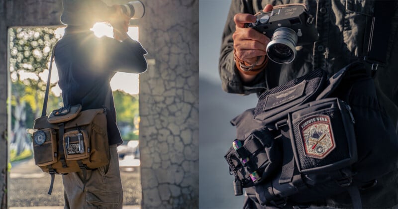 The image shows two close-up scenes of photographers outdoors. On the left, a person with a hat uses a camera in the sunlight. On the right, a person holds a camera, wearing a black bag with patches. Both bags have gear attached.