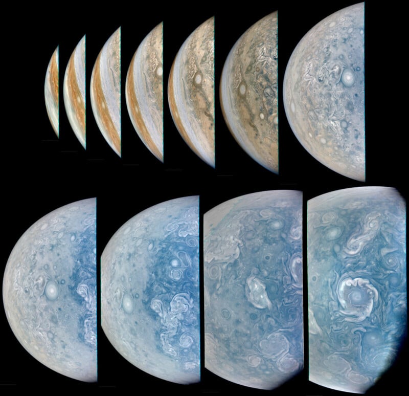 A sequence of images showing Jupiter from different angles, highlighting its swirling cloud patterns and varying colors. The planet's iconic bands and storms are visible, with a close focus on its poles in several shots.