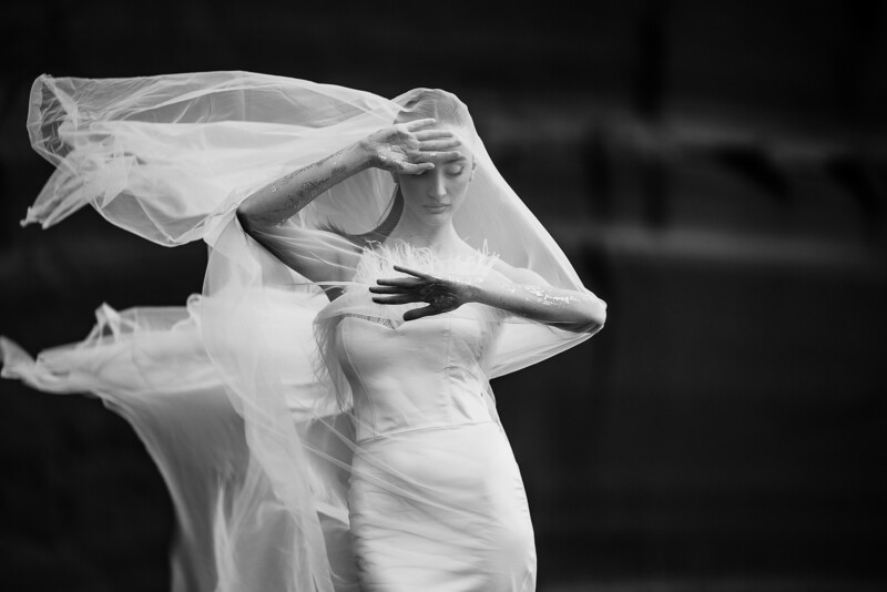 A graceful figure in a flowing dress and veil poses artistically with one hand covering part of their face. The monochrome image captures the elegance and movement of the fabric against a blurred dark background.