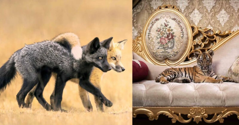 A melanistic fox and a red fox walk closely together on the left. On the right, a tiger cub lies on an ornate, elegant sofa with a floral tapestry backrest.