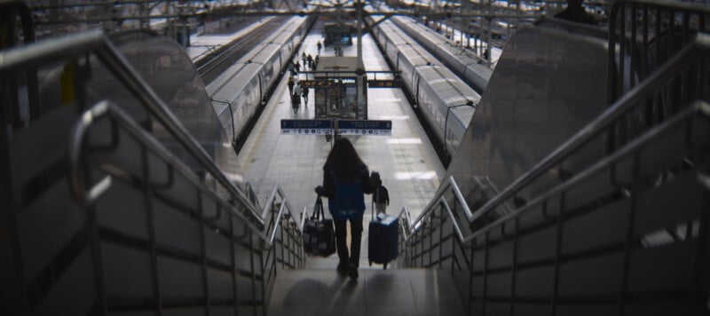 A person with long hair descends a staircase with two suitcases at a train station. Multiple platforms with trains are visible below, and a few people walk in the distance. The station is spacious and well-lit.