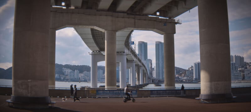 A panoramic view of a large bridge with tall support columns stretching across a body of water. People are walking and biking along the waterfront path underneath. In the background, high-rise buildings and hilly terrain are visible.