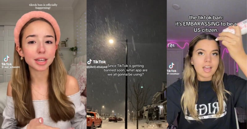  Left shows a person with a pink headband discussing the TikTok ban. Center shows a snowy street with streetlights. Right shows a person with long hair expressing embarrassment over the TikTok ban as they apply makeup.