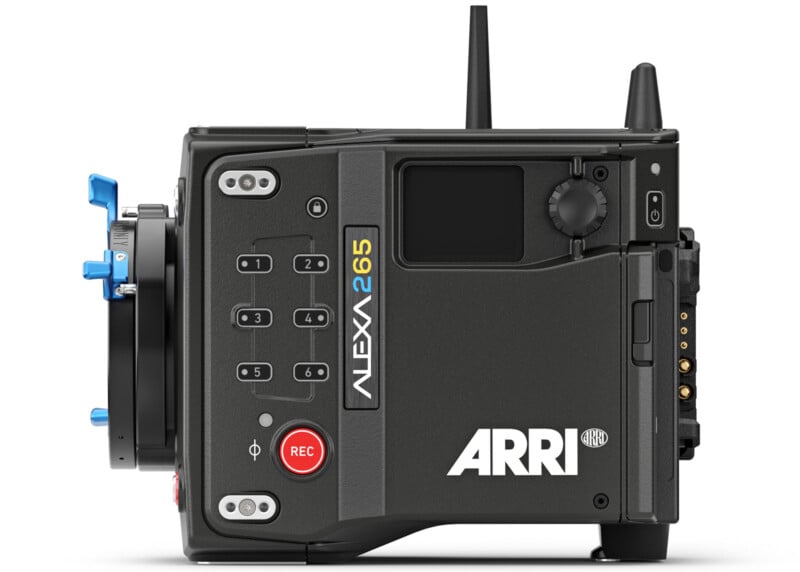 Side view of an ARRI ALEXA 265 camera, featuring a dark green body with various control buttons, a lens mount, and ARRI branding. The camera appears professional, designed for high-quality filming.