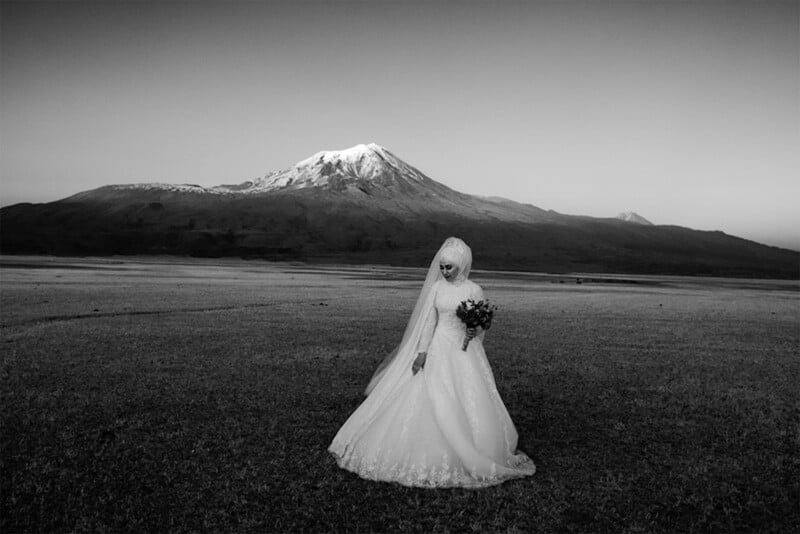 A bride in a flowing white gown and veil stands holding a bouquet in an expansive field. A majestic, snow-capped mountain is visible in the background under a clear sky. The scene is captured in black and white.