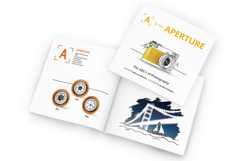 A book titled "A is for Aperture: The ABCs of Photography" open to pages showing a camera illustration, aperture diagrams (f/1.8, f/11), and an artistic drawing of a bridge over water with a sailboat beneath.