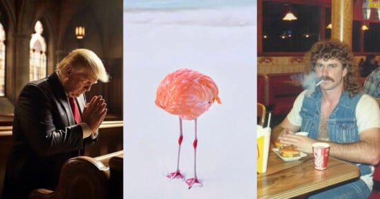 A three-panel image: left, a man praying in church; center, the body of a flamingo without its head, standing on sand; right, a man with a mustache and curly hair smoking in a diner, wearing a denim vest.