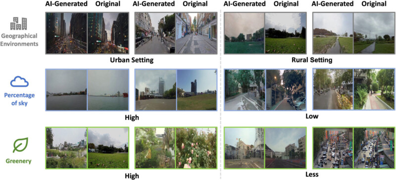 A chart comparing AI-generated and original images in urban and rural settings. It highlights variations in the percentage of sky and greenery present in different geographical environments.