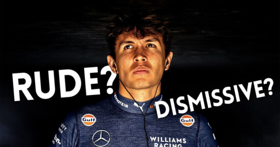 A person wearing a Williams Racing suit with sponsor logos looks upward with a thoughtful expression. Bold white text reads "Rude? Dismissive?" against a dark background.