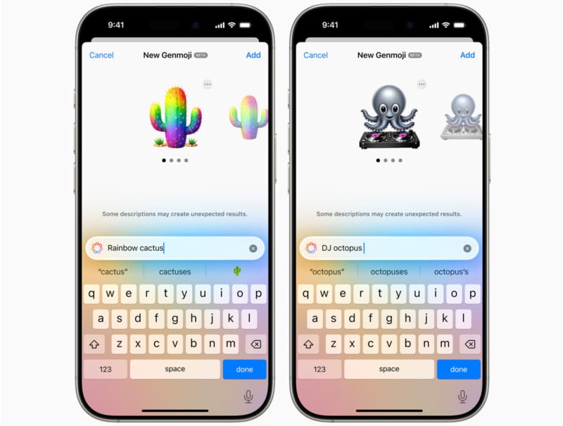 Two smartphone screens showing the creation of custom Genmoji emojis. The left screen features a rainbow cactus, and the right screen displays a DJ octopus. Both screens show text input fields with suggested names for the emojis.