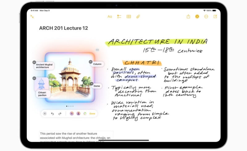 Tablet displaying a digital notebook titled "ARCH 201 Lecture 12" on Indian architecture from the 15th to 18th centuries. It includes notes on "Chhatri," small dome structures, with an image of a Mughal pavilion. Bright colors highlight key points.