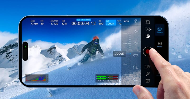 A person skiing down a snowy mountain is visible on a smartphone screen, which shows recording settings and controls. A hand is interacting with the device, capturing the action against a backdrop of bright blue sky and snow-covered peaks.